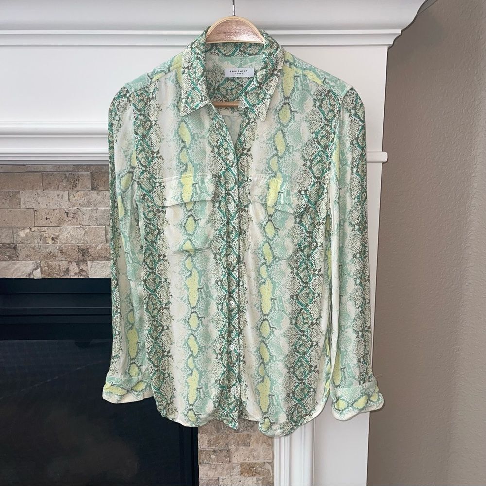 Equipment Green and Yellow Snake-Print Silk Shirt